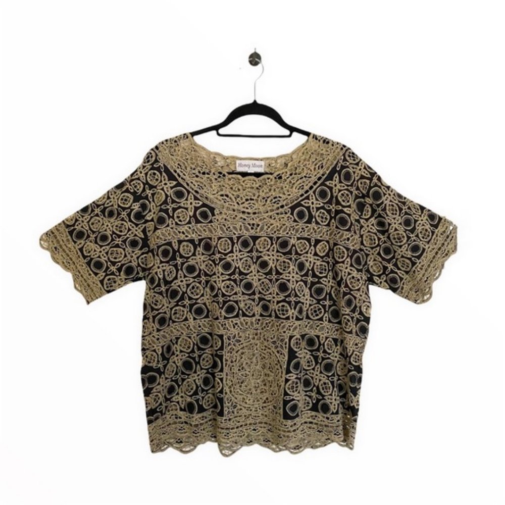 Vintage Honey Moon Short Sleeve Floral Embroidery Pullover Blouse Top Size XL